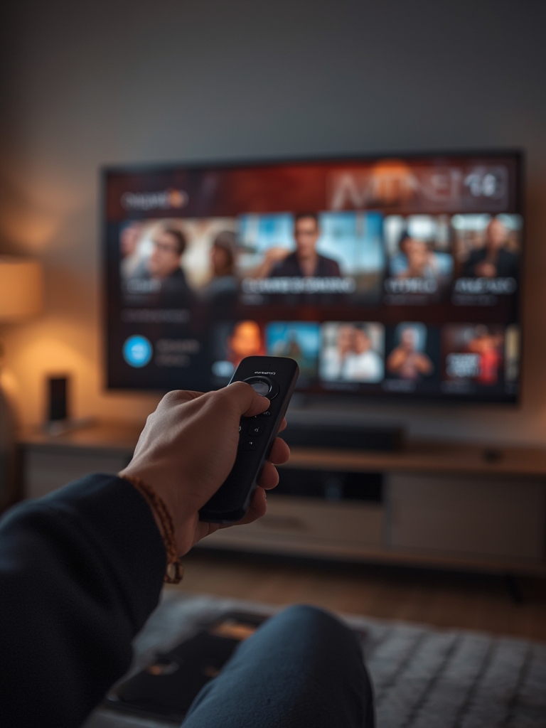 Fire Stick with voice remote and Alexa streaming interface displayed on a smart TV