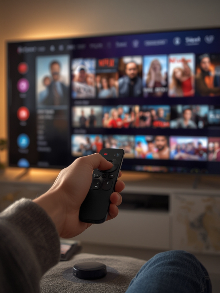 roku stick streaming device with voice remote on table