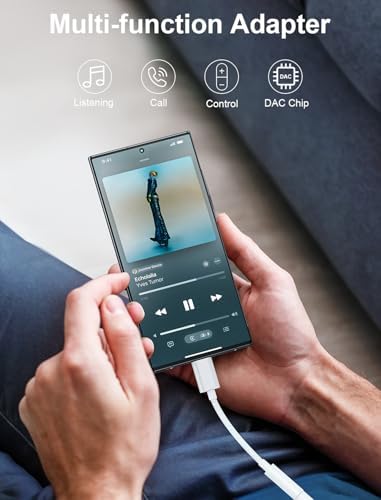 usb-c-to-3.5mm-audio-headphone-adapter in use with compatible-with-iphone and compatible-with-samsung-galaxy devices