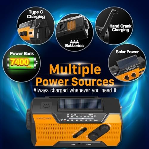 FosPower emergency weather radio showing AM/FM panel and battery backup feature
