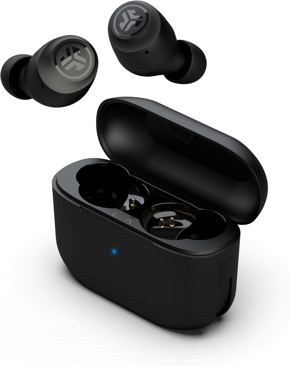 jlabs go air pop true wireless earbuds in black, compact usb-c charging case on white background