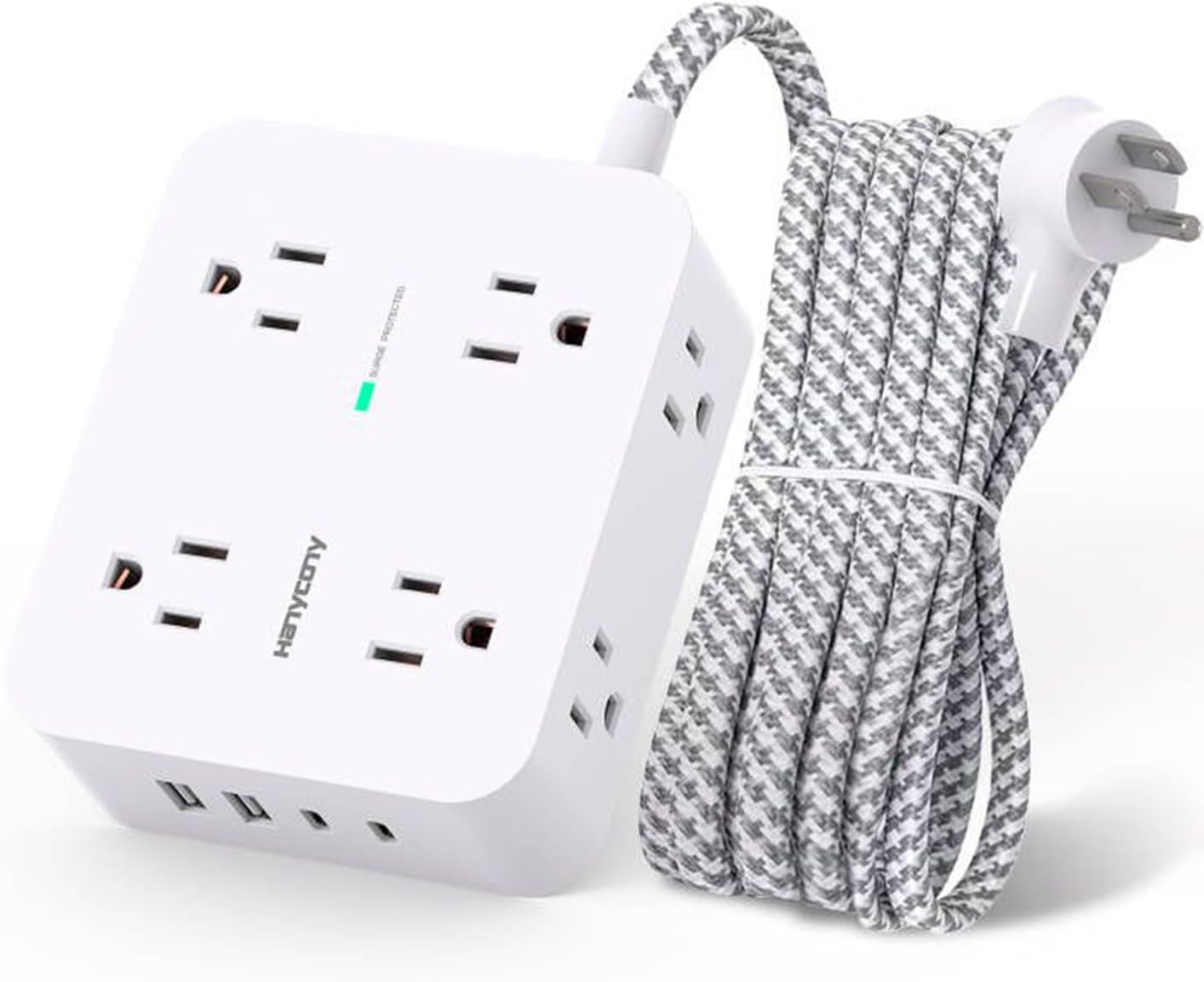 hanycony surge protector power strip with braided extension cord and flat plug