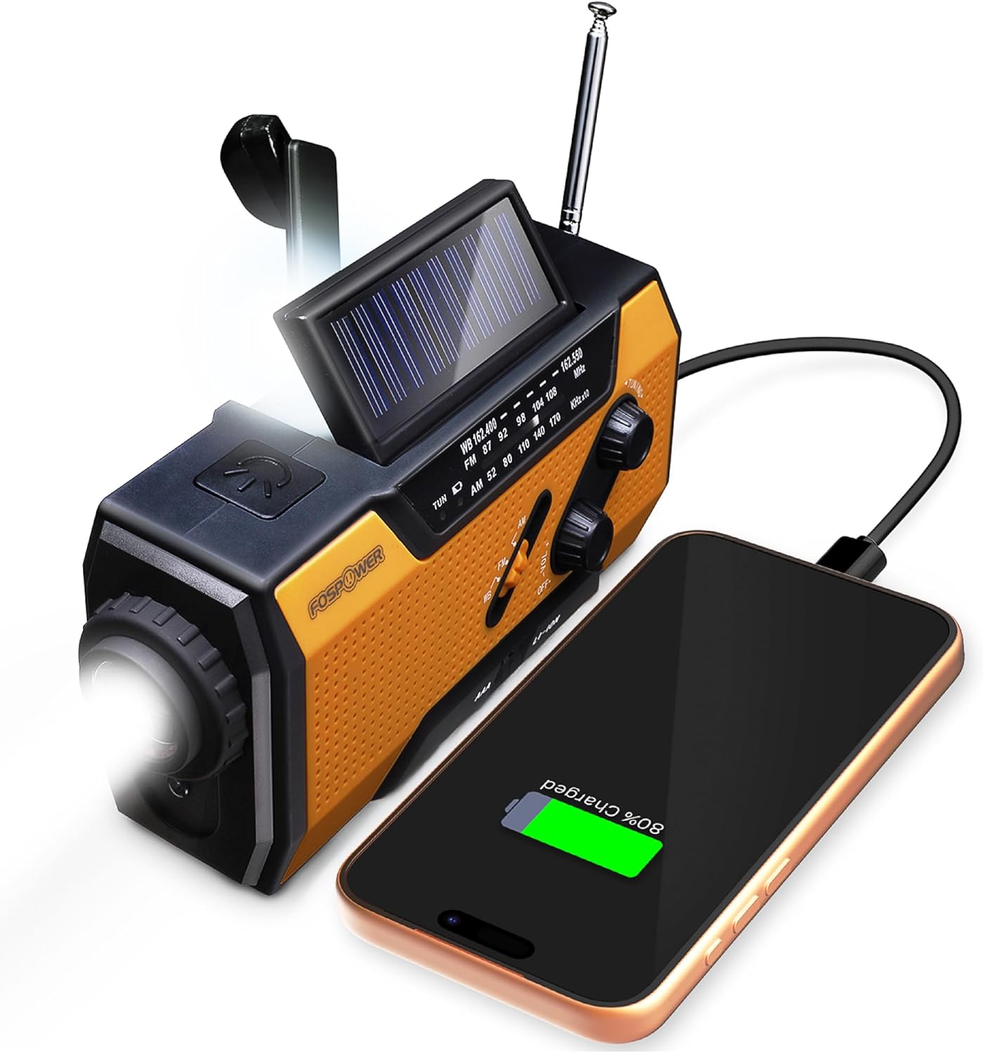 FosPower emergency weather radio with solar panel and hand crank