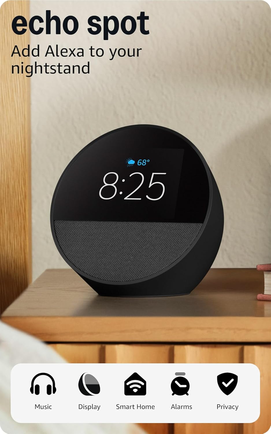 amazon echo spot smart alarm clock with Alexa on nightstand